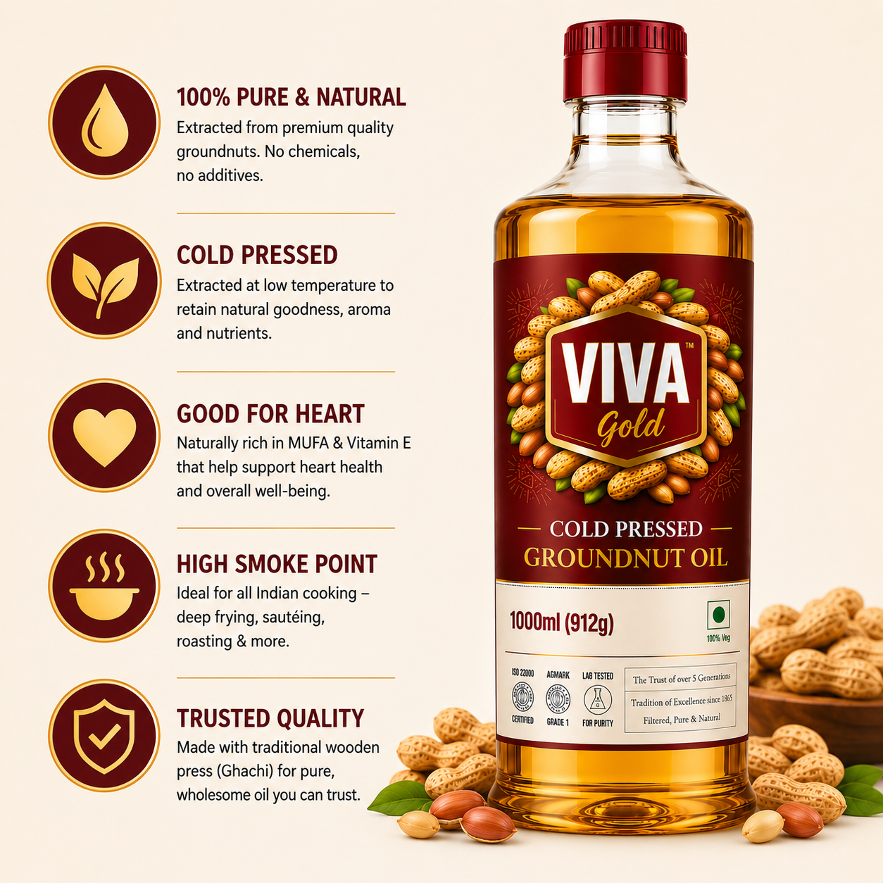 Viva Gold Cold Pressed Groundnut Oil 1L Bottle Benefits